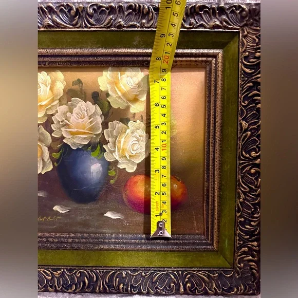 Original Oil Painting on Canvas “Roses In A Vase” Black & Gold Frame Signed